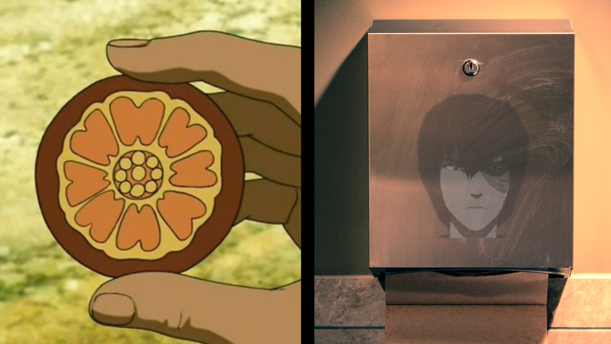 The Order of the White Lotus symbol and Zuko on a metal paper towel dispenser.