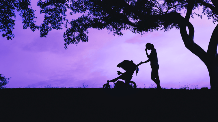A woman with a stroller in the woods